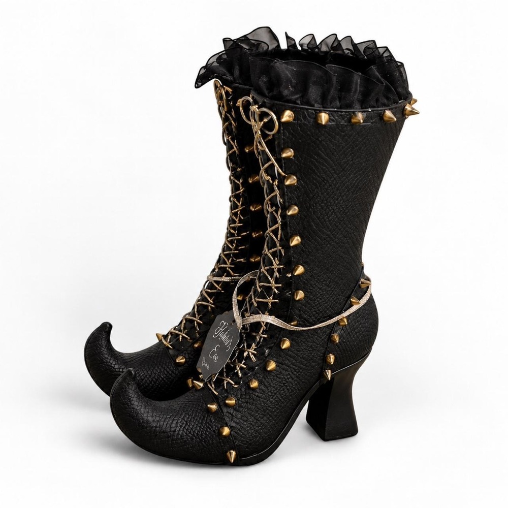 Bella Lux black gold witch boots resin decor spiked studs lace up Whimsigoth NWT